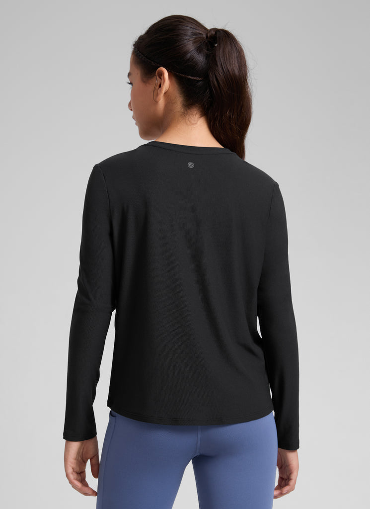 CRZ YOGA Girl's Cloudweight Casual Scoop Neck Hip Length Long Sleeves Black