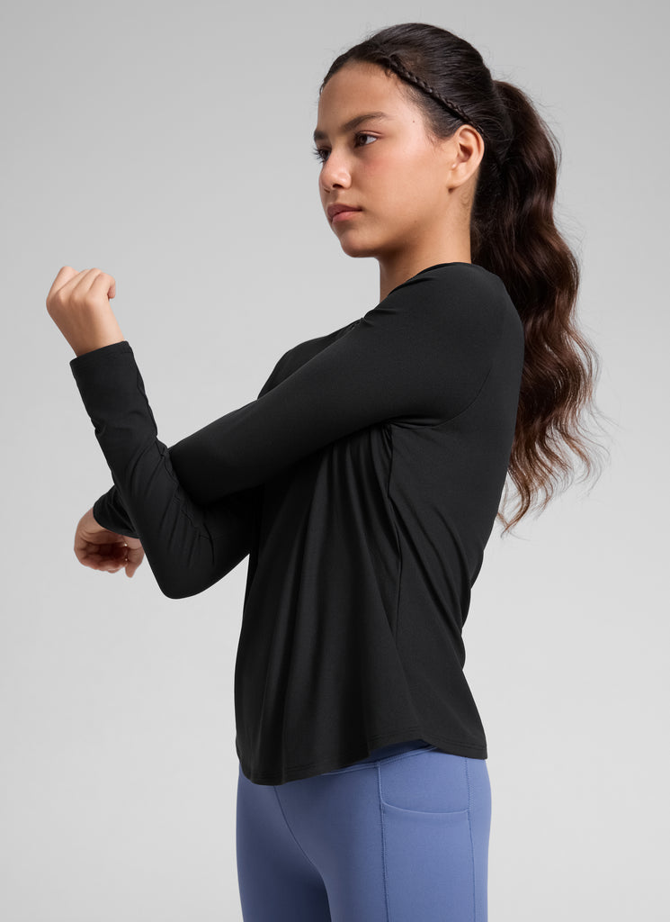 CRZ YOGA Girl's Cloudweight Casual Scoop Neck Hip Length Long Sleeves Black