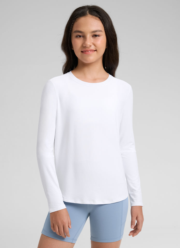 CRZ YOGA Girl's Cloudweight Casual Scoop Neck Hip Length Long Sleeves White