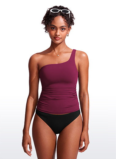 CRZ YOGA women's One Shoulder Tankini Ruched Adjustable Bathing Suits Magenta