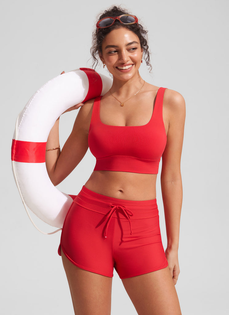 CRZ YOGA Women's Swimwear Tops Supportive Modest Swimsuit Bikini Deep Red