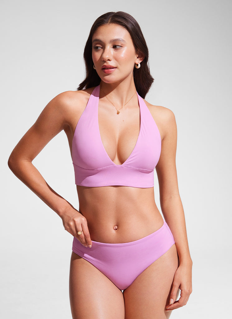 CRZ YOGA Women Halter Bikini Tops V Neck Sexy Backless Swimsuit Padded Fuchsia