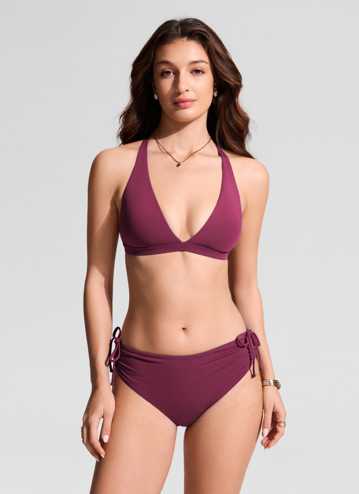CRZ YOGA Women's Swim Deep V neck T back Triangle Bikini Top Fuchsia @model_info:Inga