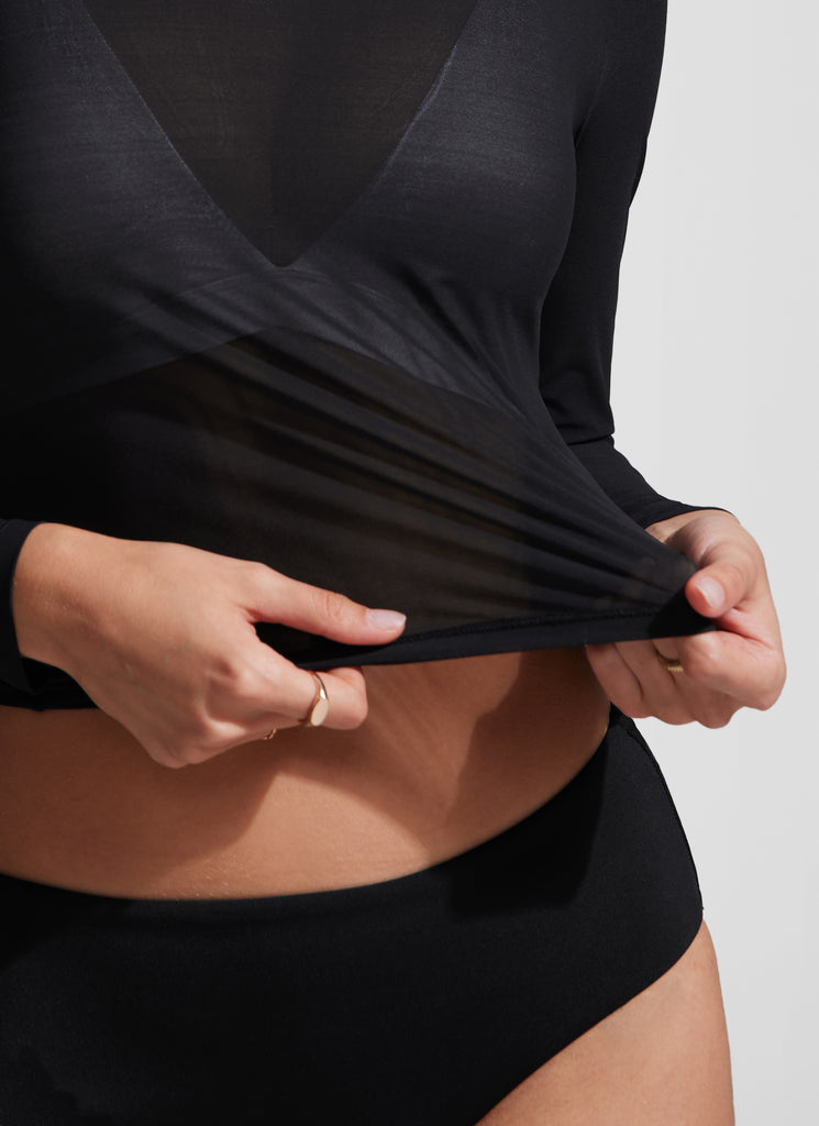 CRZ YOGA Women's Mesh Long Sleeve Swimsuit Cover up Bathing Suit Tops Black