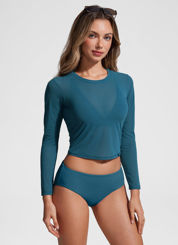 CRZ YOGA Women's Mesh Long Sleeve Swimsuit Cover up Bathing Suit Tops Black