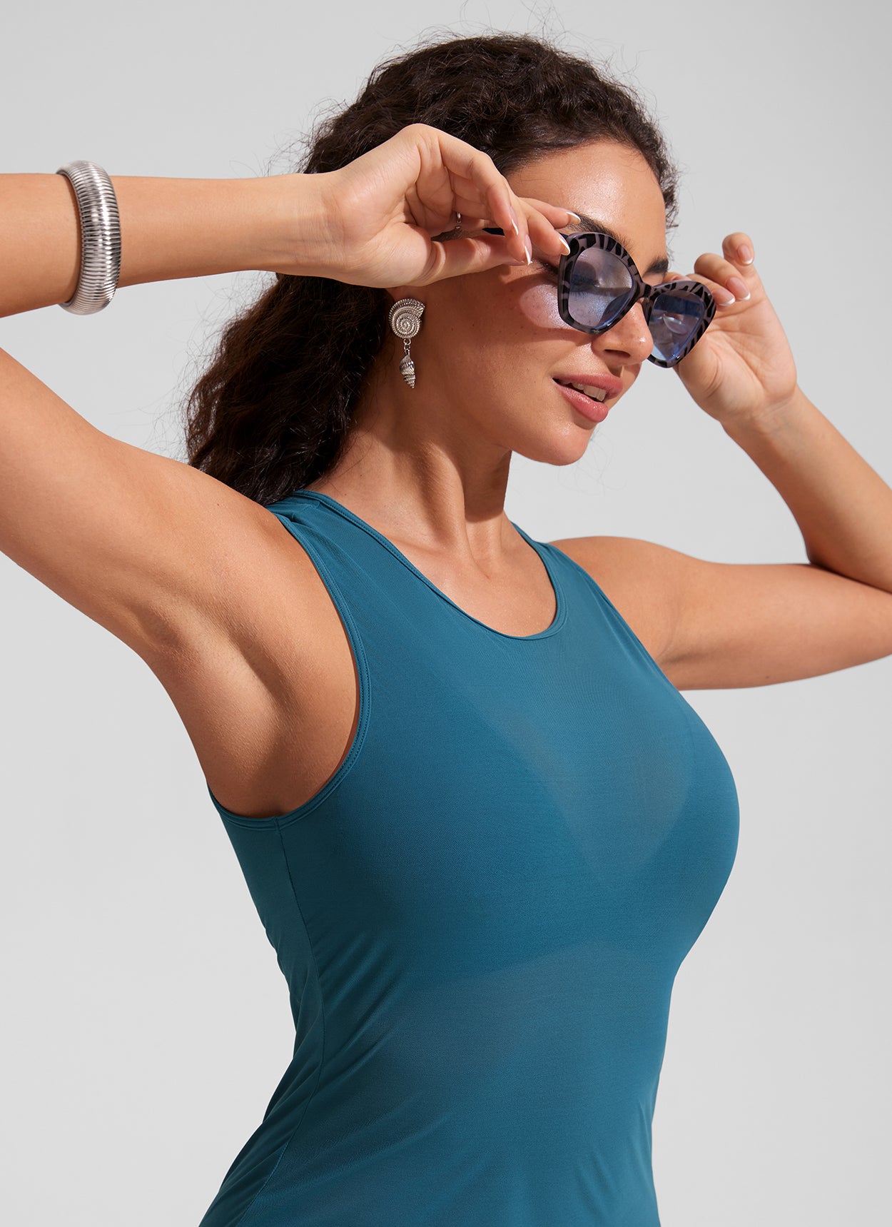 CRZ YOGA Women Mesh Midi Sleeveless Swimsuit Coverup with Back Slit Sapphire Blue