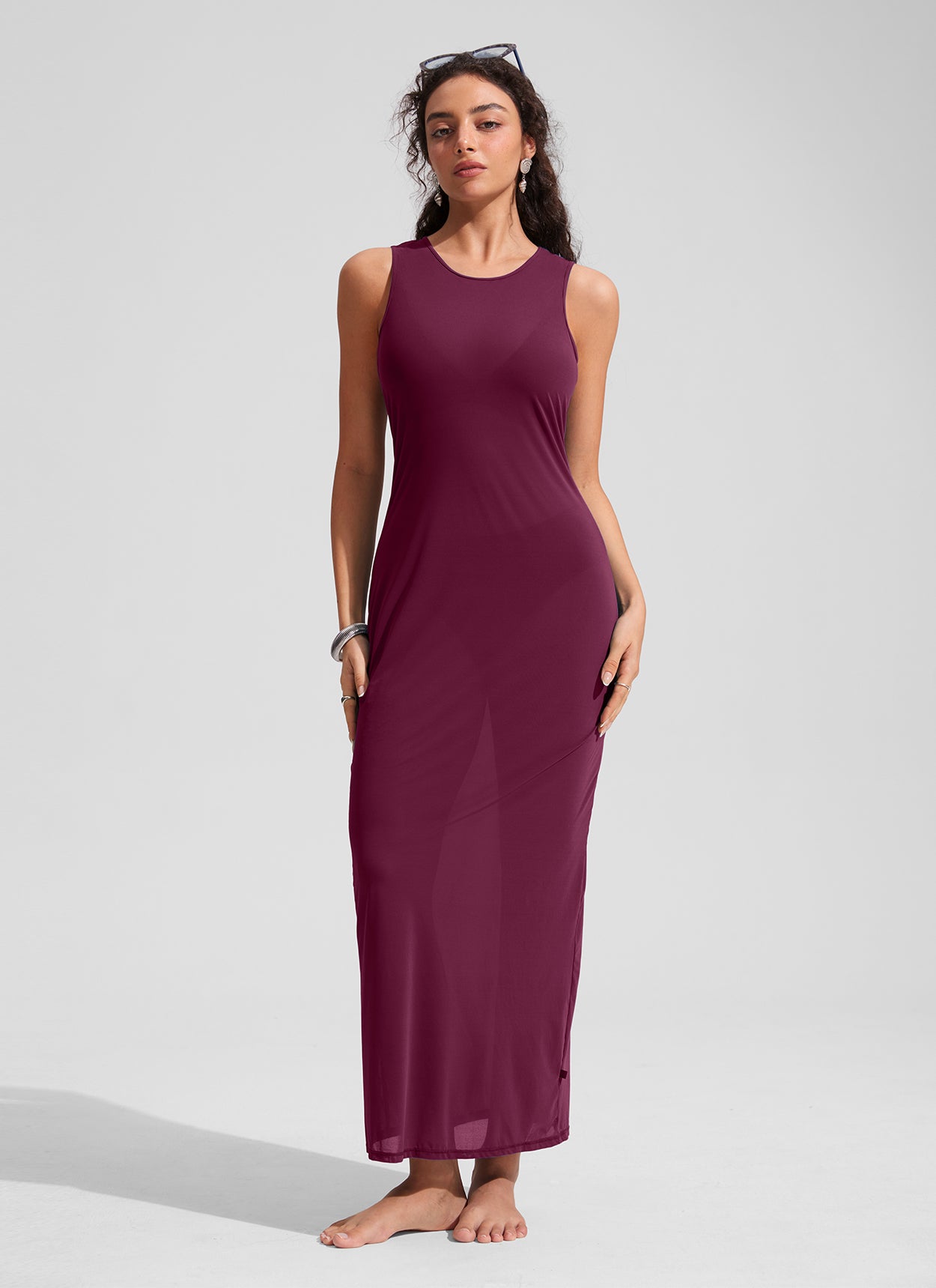 CRZ YOGA Women Mesh Midi Sleeveless Swimsuit Coverup with Back Slit Fuchsia