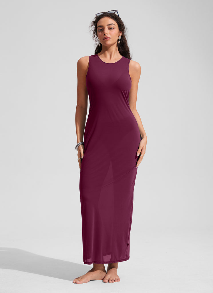 CRZ YOGA Women Mesh Midi Sleeveless Swimsuit Coverup with Back Slit Fuchsia