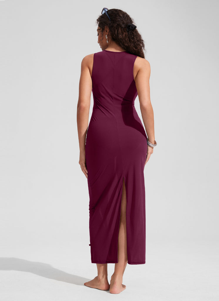 CRZ YOGA Women Mesh Midi Sleeveless Swimsuit Coverup with Back Slit Fuchsia