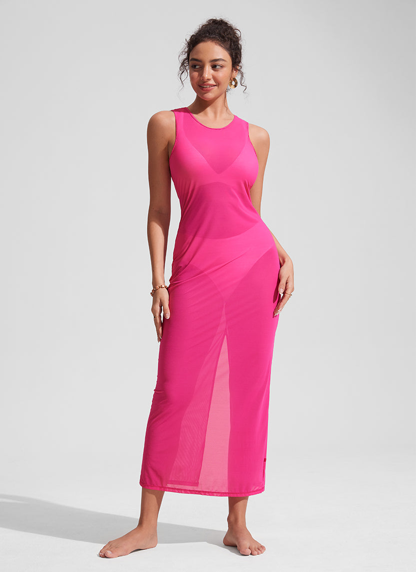 CRZ YOGA Women Mesh Midi Sleeveless Swimsuit Coverup with Back Slit Kayak Blue