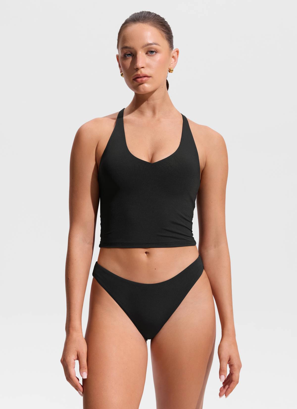 CRZ YOGA Women's Swimwear V Neck Criss Cross Back Crop Tankini Black @model_info:Hannah