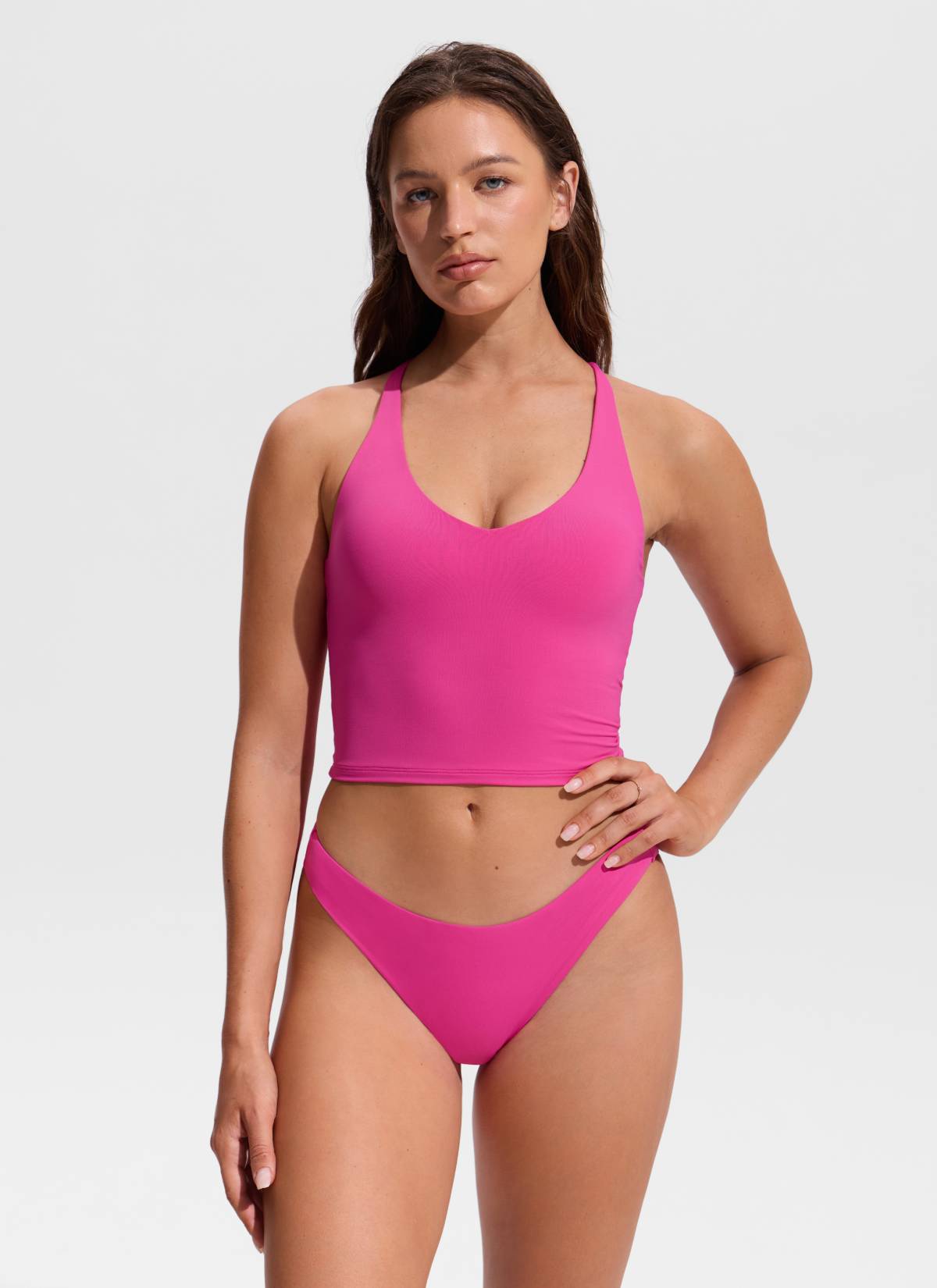 CRZ YOGA Women's Swimwear V Neck Criss Cross Back Crop Tankini Rose Violet @model_info:Hannah