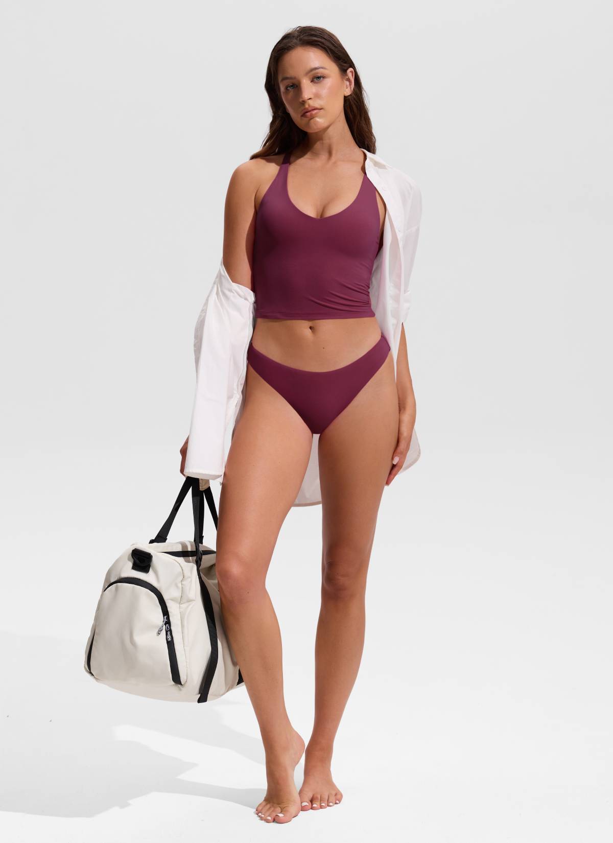 CRZ YOGA Women's Swimwear V Neck Criss Cross Back Crop Tankini Fuchsia @model_info:Hannah