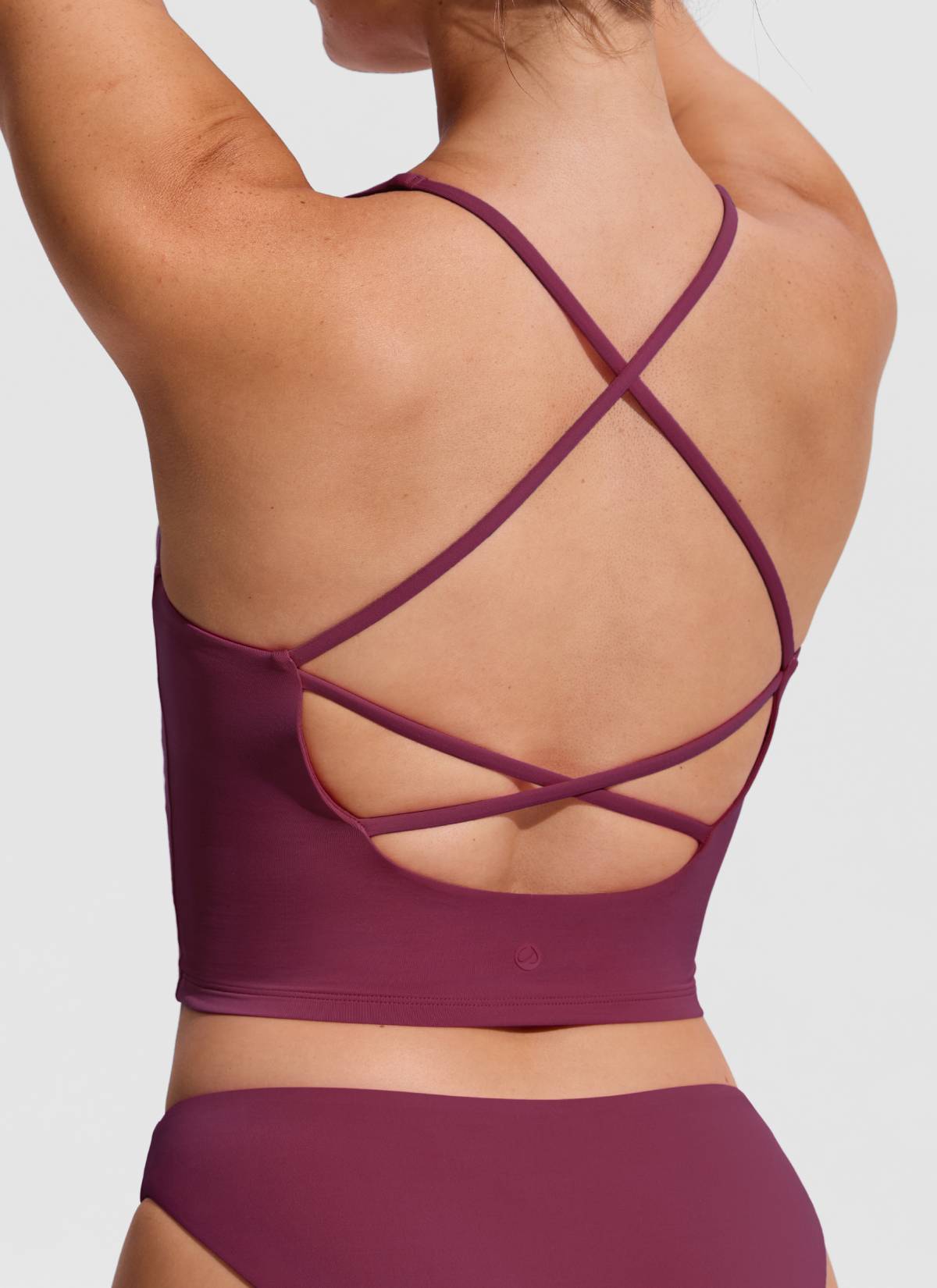 CRZ YOGA Women's Swimwear V Neck Criss Cross Back Crop Tankini Fuchsia @model_info:Hannah