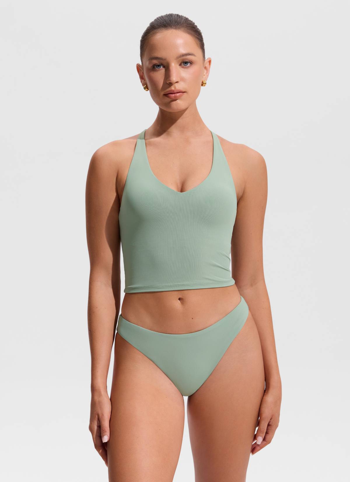 CRZ YOGA Women's Swimwear V Neck Criss Cross Back Crop Tankini Green Palm Court @model_info:Hannah