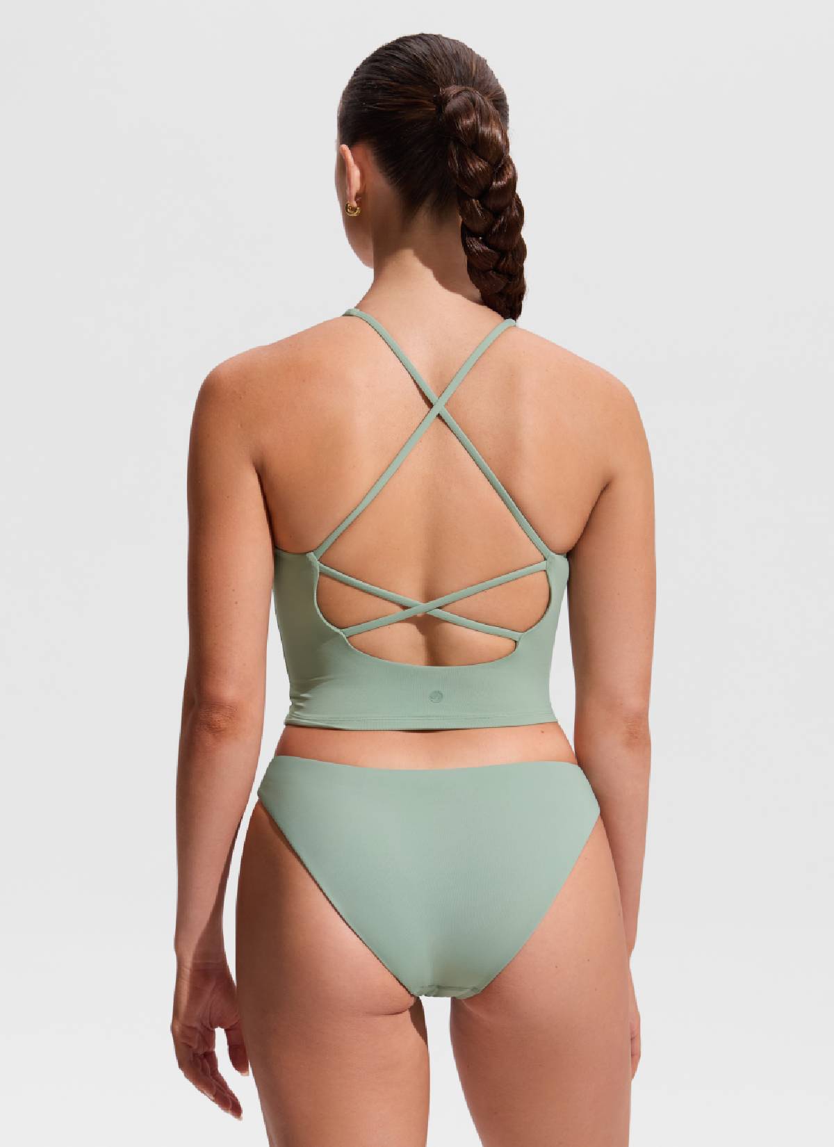 CRZ YOGA Women's Swimwear V Neck Criss Cross Back Crop Tankini Green Palm Court @model_info:Hannah