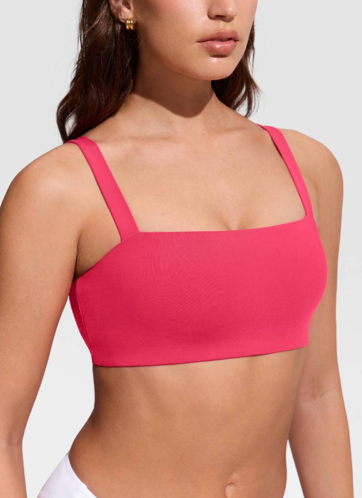 CRZ YOGA Women's Swimwear Square Neck Wide Flat Straps Bikini Tops Magenta @model_info:Hannah