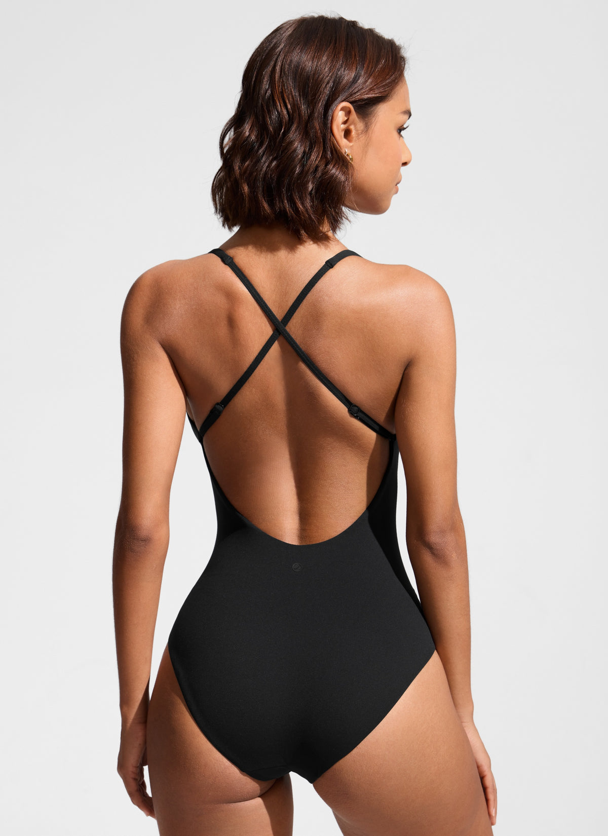 CRZ YOGA Women Nexfeel Double Lined Deep V One Piece Swimsuit Black @model_info:T