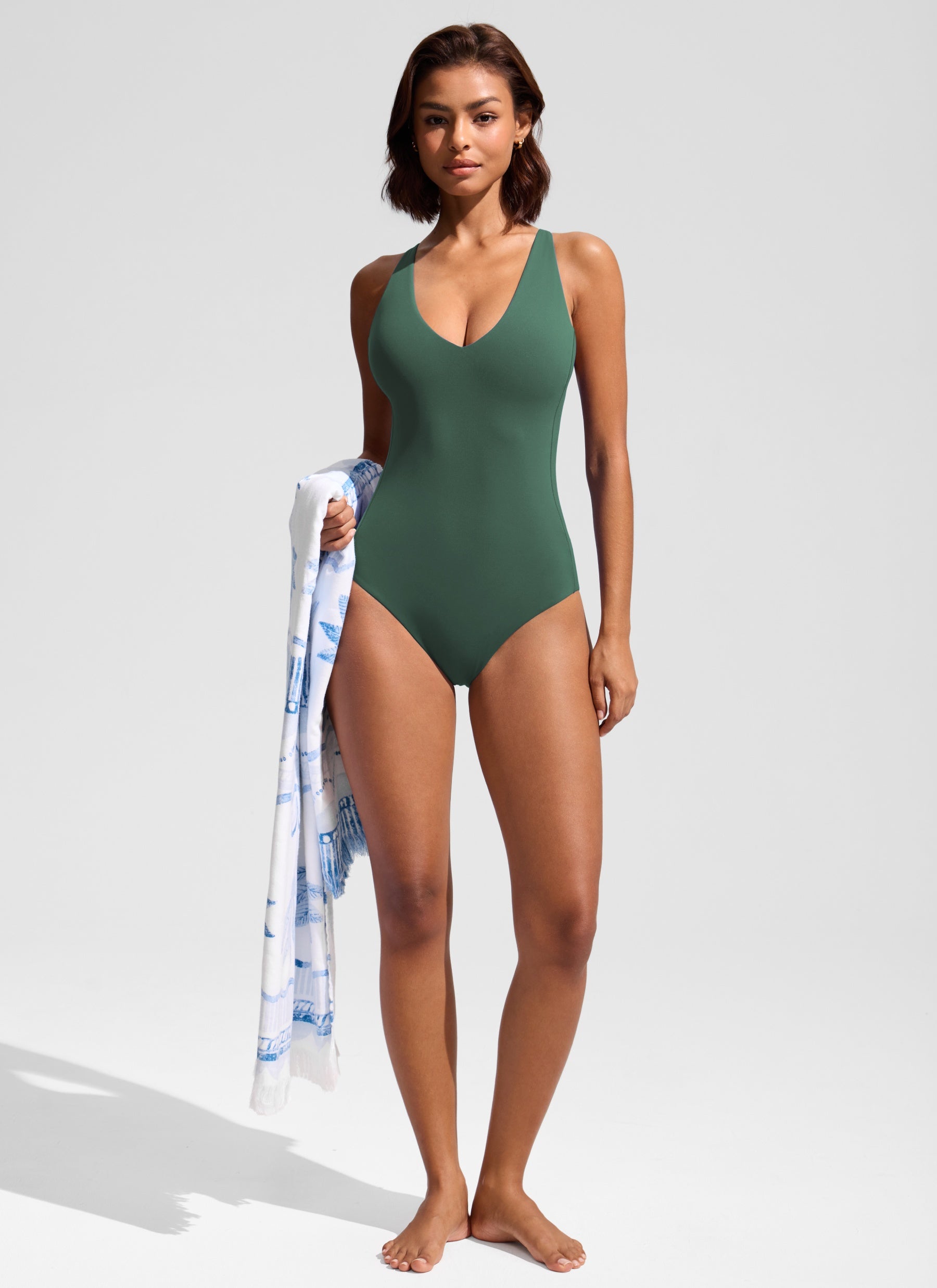 CRZ YOGA Women Nexfeel Double Lined Deep V One Piece Swimsuit Dark Forest Green @model_info:T