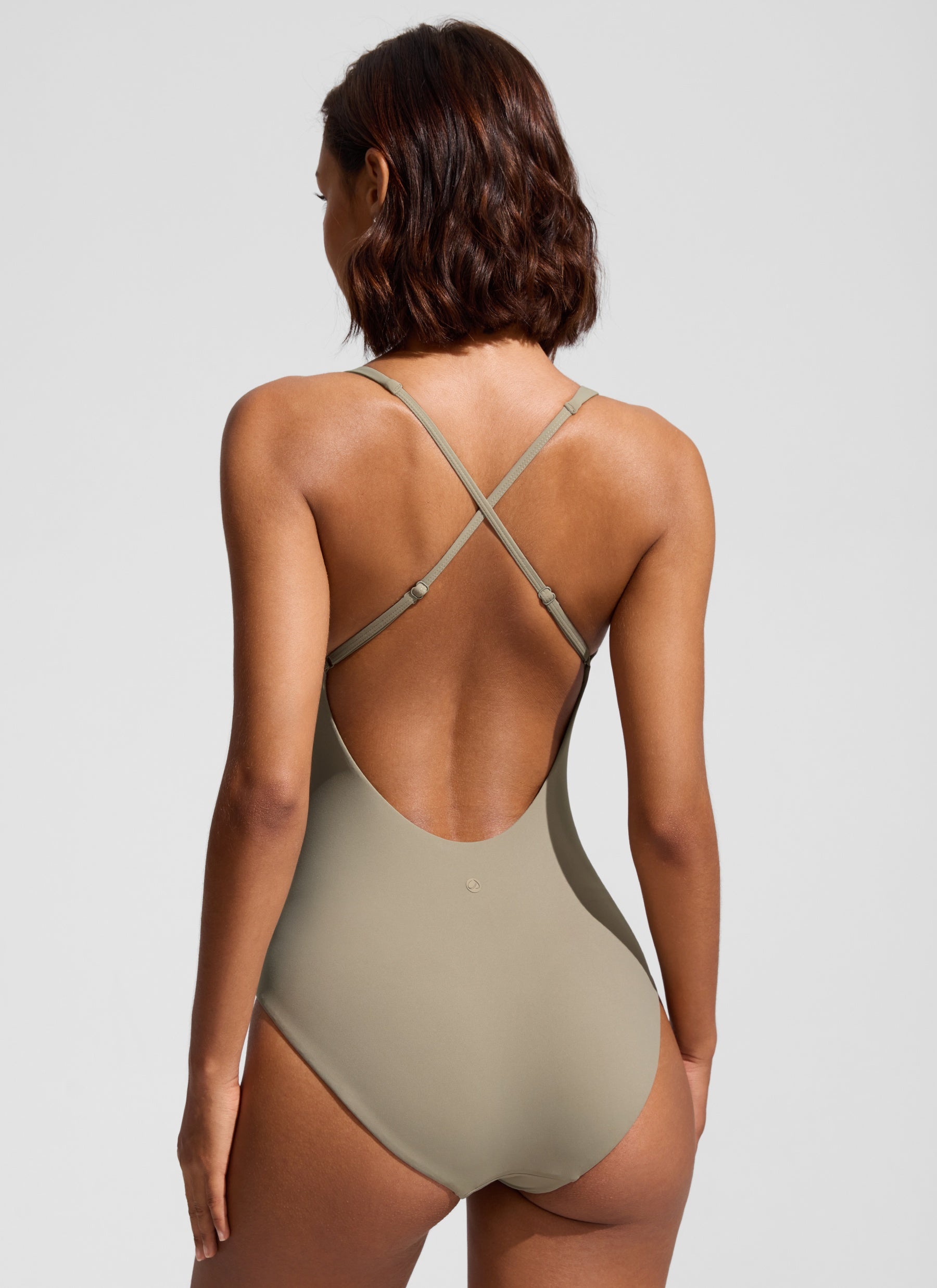 CRZ YOGA Women Nexfeel Double Lined Deep V One Piece Swimsuit Warm Ash Grey @model_info:T
