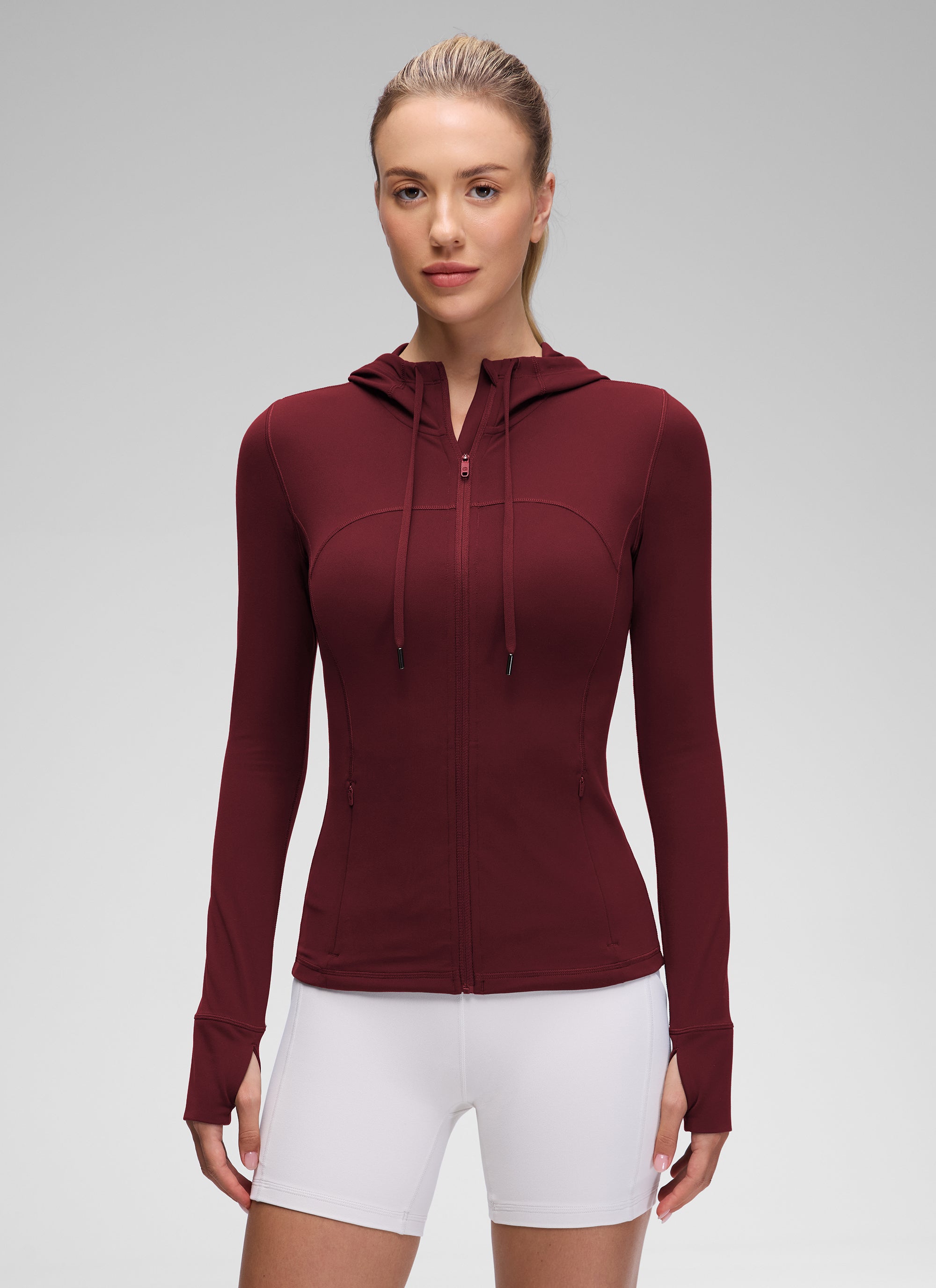 CRZ YOGA Women's Butterluxe Slim Fit Pocket Outerwear Full Zip Hoodies Red Merlot