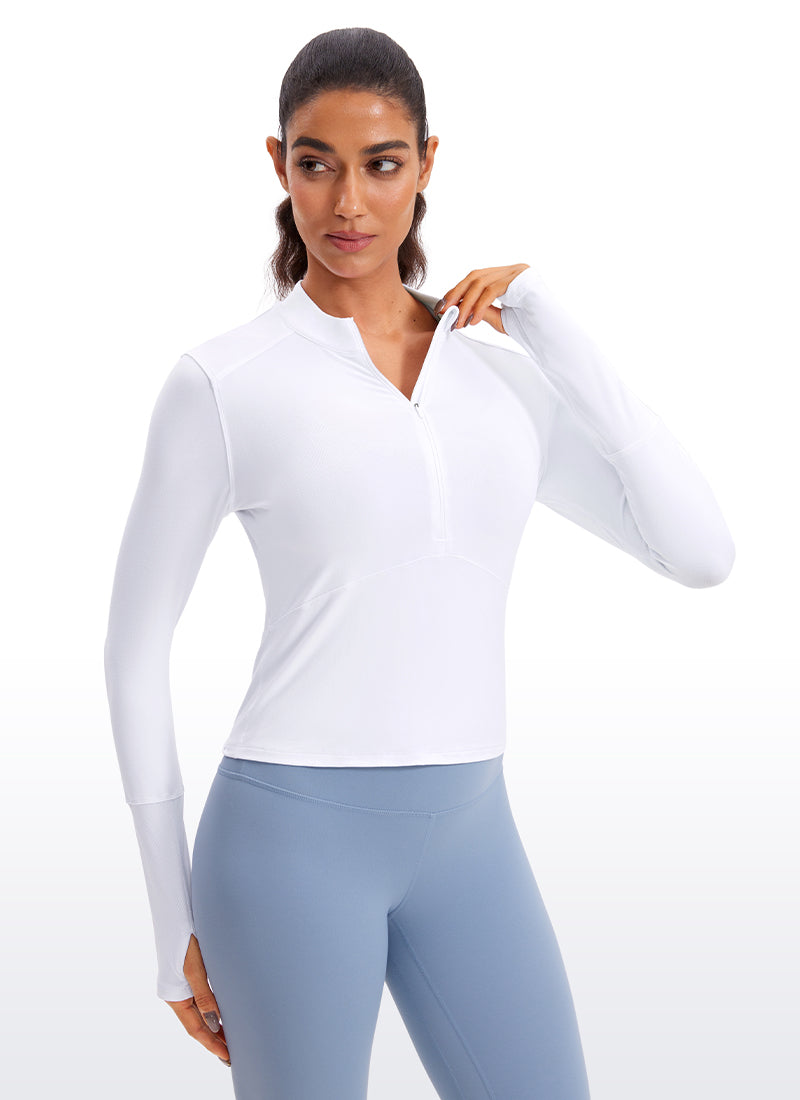 CRZ YOGA Women's Run Slim Fit Brushed Half-Zip Long Sleeve Cropped White