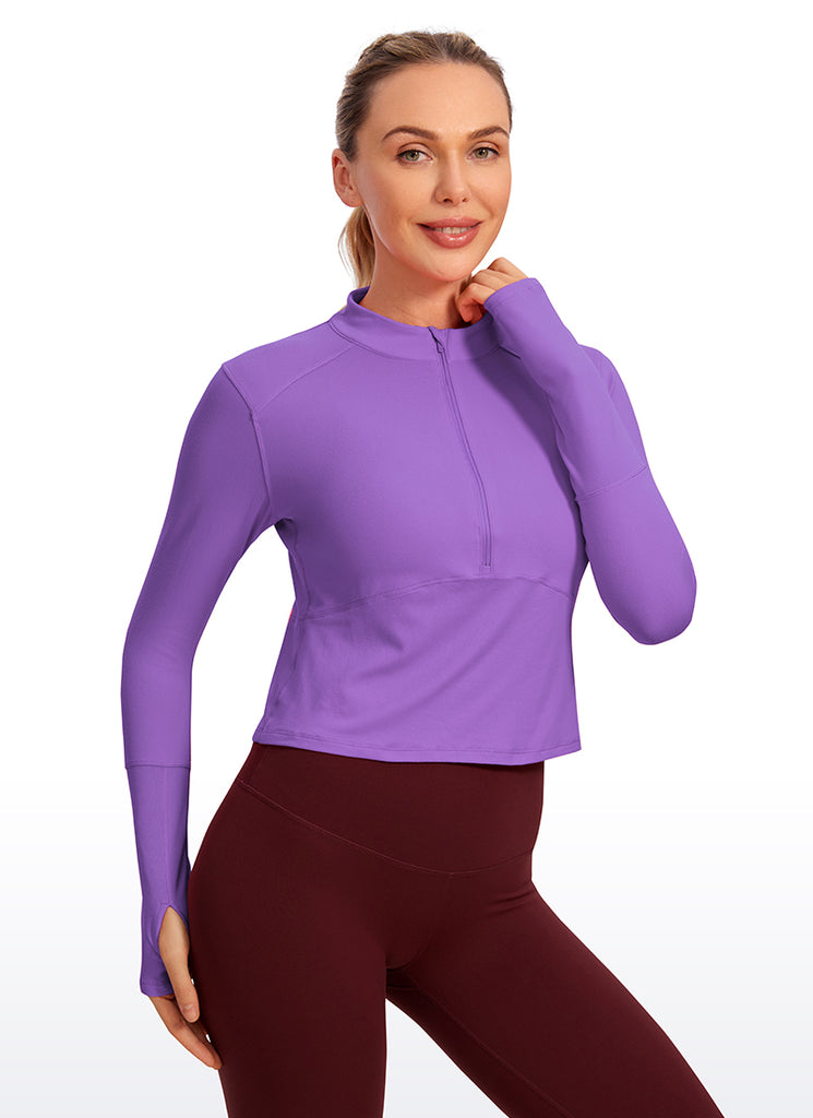 CRZ YOGA Women's Run Slim Fit Brushed Half-Zip Long Sleeve Cropped Royal Lilac