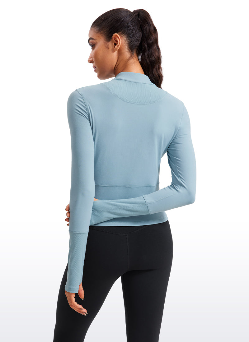 CRZ YOGA Women's Run Slim Fit Brushed Half-Zip Long Sleeve Cropped Light grayish blue