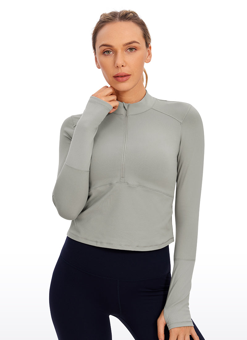 CRZ YOGA Women's Run Slim Fit Brushed Half-Zip Long Sleeve Cropped Rocky Grey