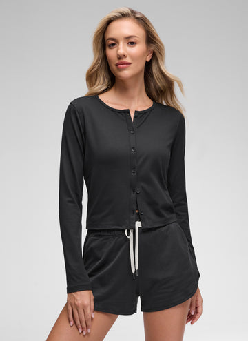CRZ YOGA Women's Cloud Jersey Casual Button Down Waist Length Cardigan Black