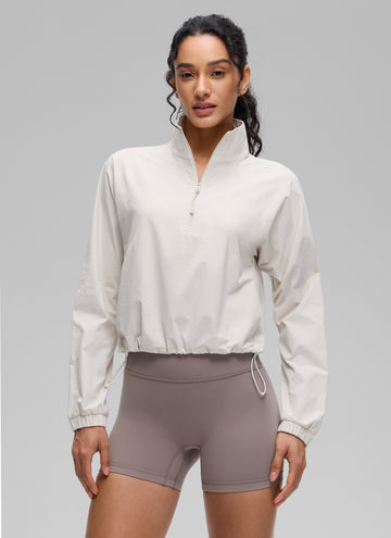 CRZ YOGA Women's Casual Half-Zip Waist Length Pocket Long Sleeves Milky White