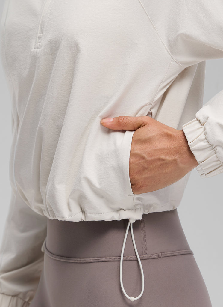 CRZ YOGA Women's Casual Half-Zip Waist Length Pocket Long Sleeves Milky White