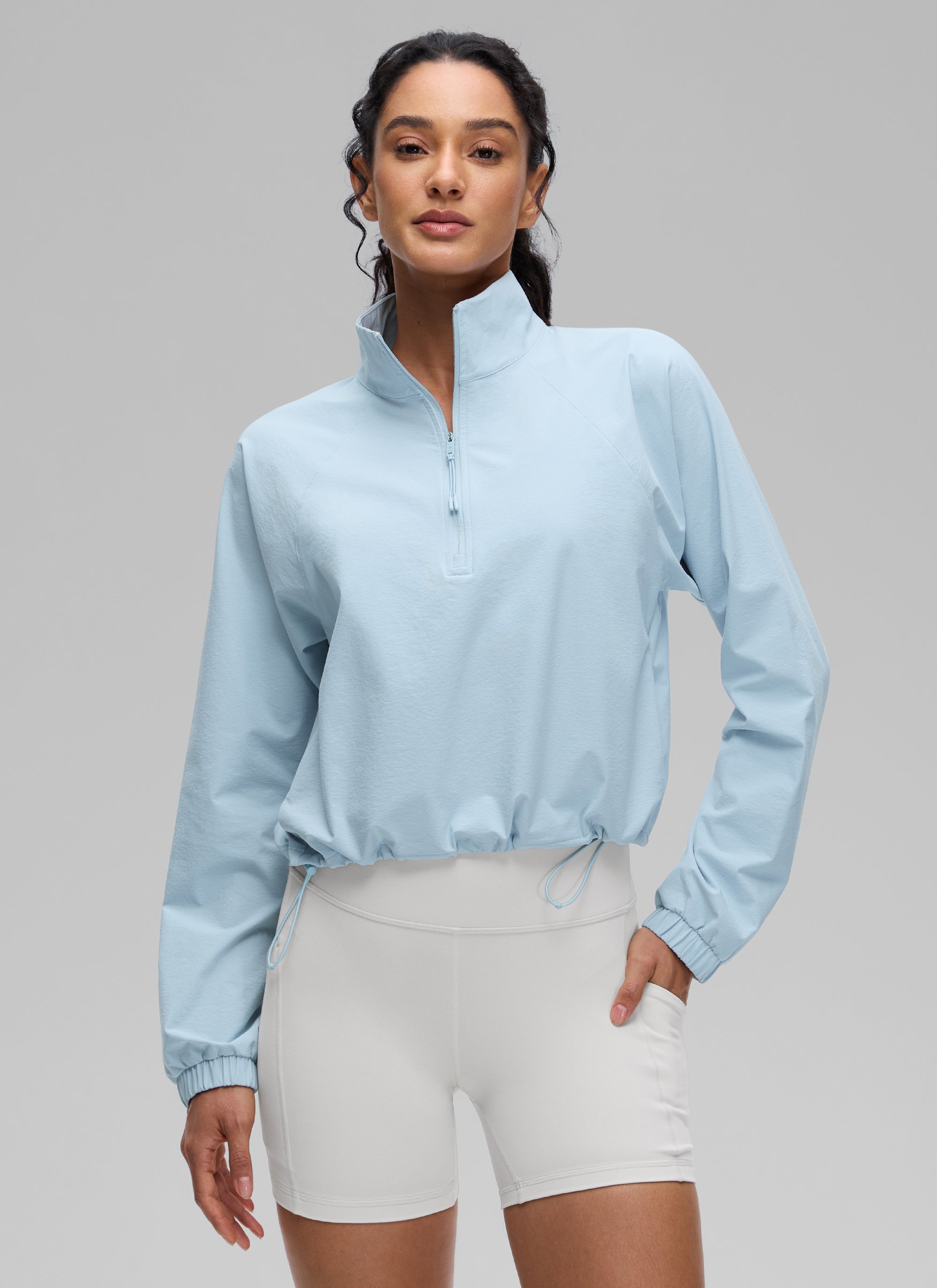 CRZ YOGA Women's Casual Half-Zip Waist Length Pocket Long Sleeves Blue Linen