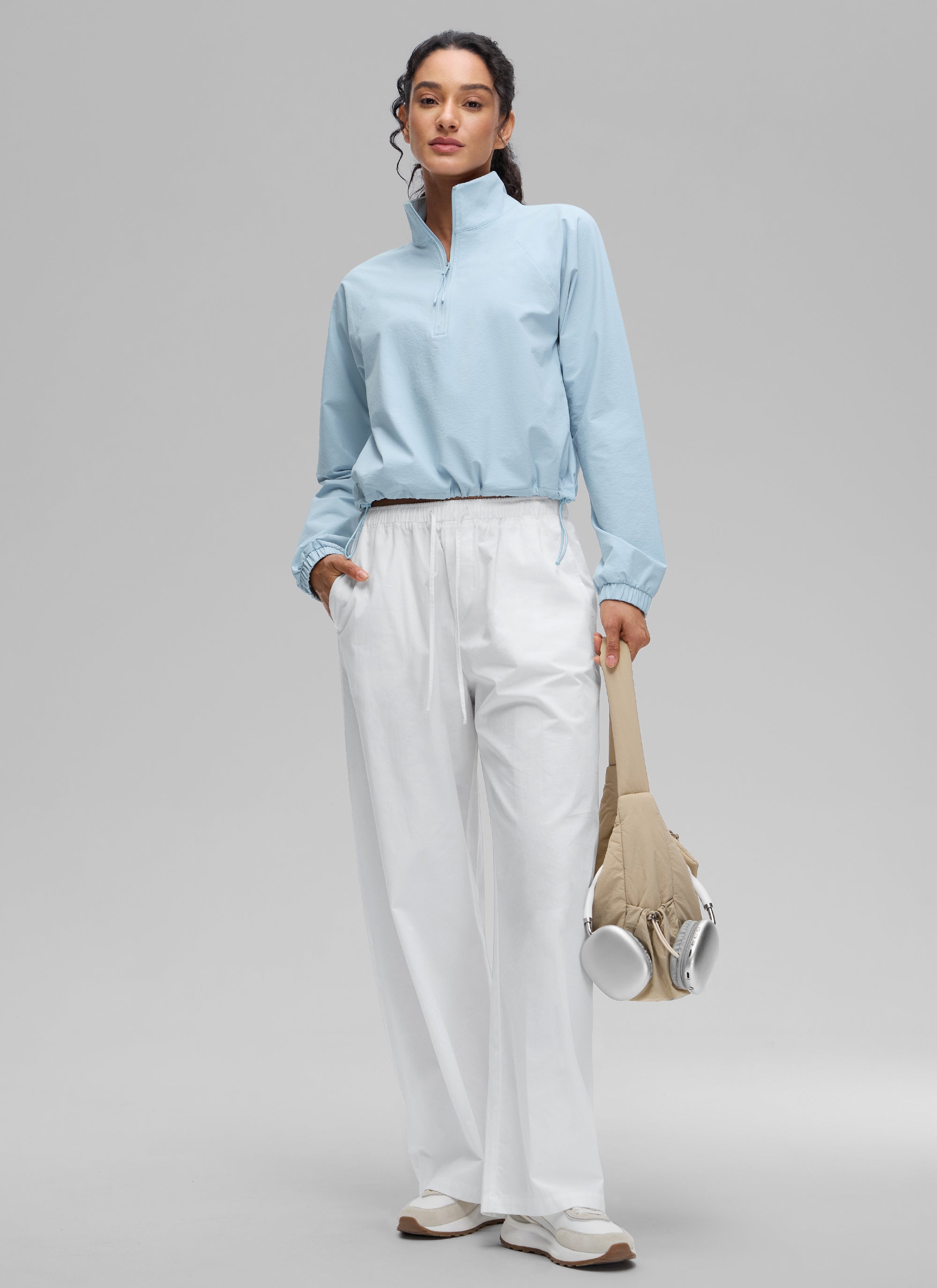 CRZ YOGA Women's Casual Half-Zip Waist Length Pocket Long Sleeves Blue Linen