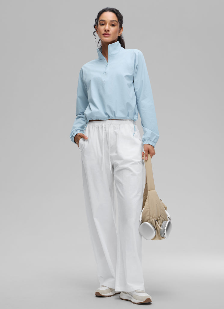 CRZ YOGA Women's Casual Half-Zip Waist Length Pocket Long Sleeves Blue Linen