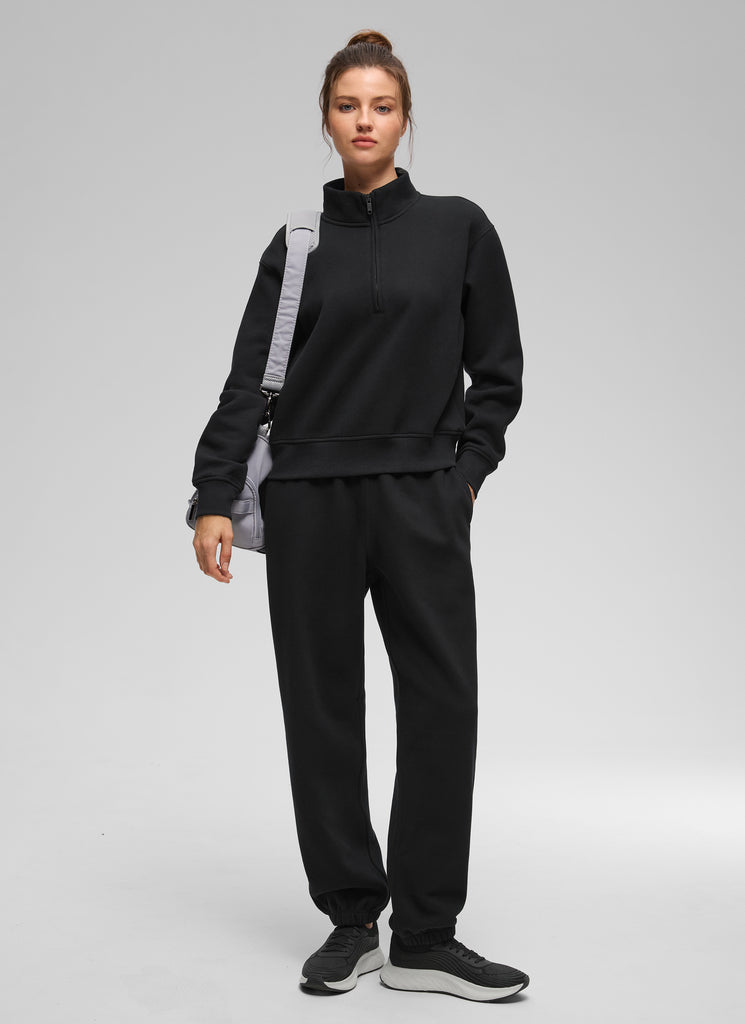 CRZ YOGA Women's Casual Half-Zip Waist Length Classic Fit Sweatshirt Black