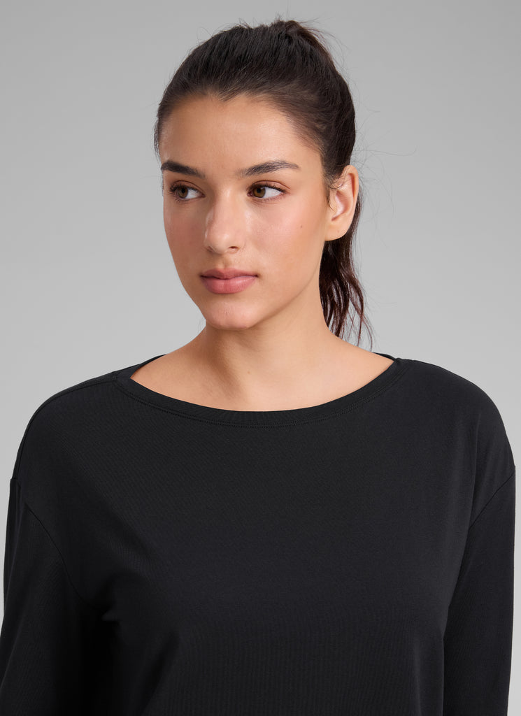 CRZ YOGA Women's Workout Boat Neck Hip Length Relaxed Fit Long Sleeves Black