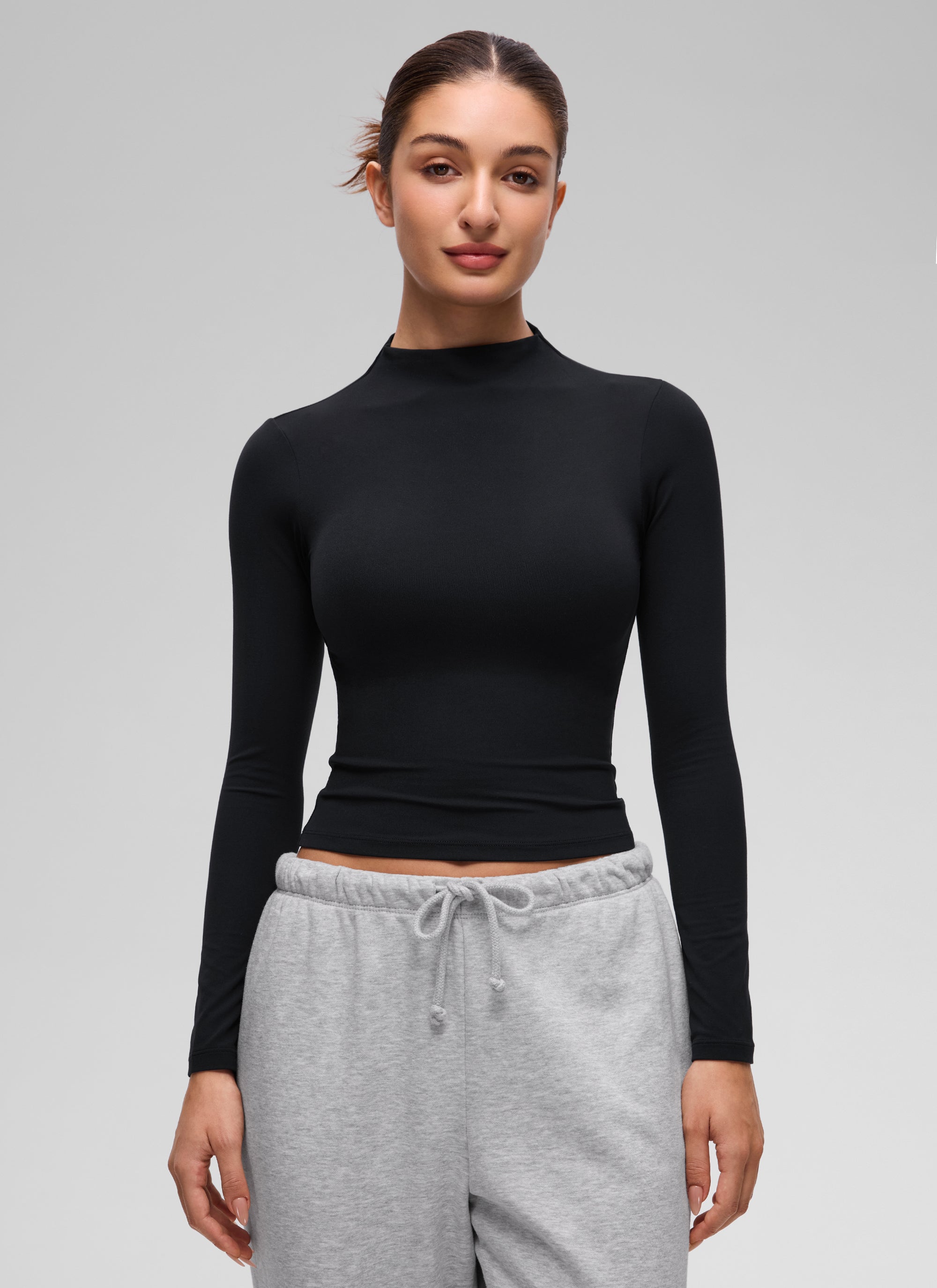 CRZ YOGA Women's Softembrace Mock Neck Waist Length Long Sleeves Black