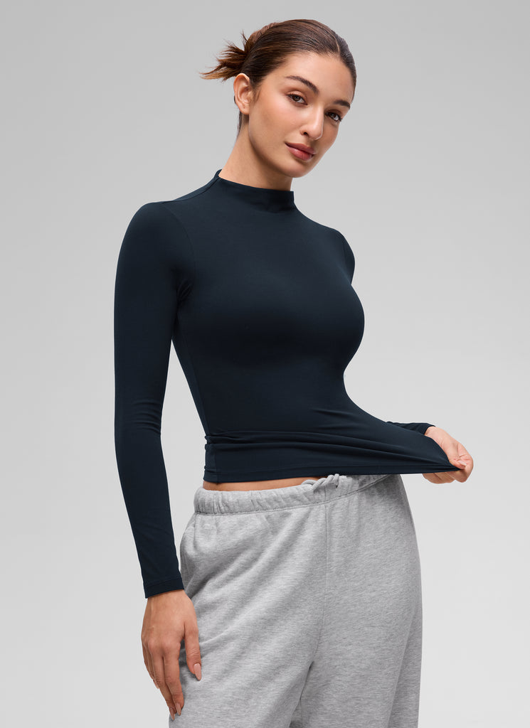 CRZ YOGA Women's Softembrace Mock Neck Waist Length Long Sleeves Hot Fudge Brown