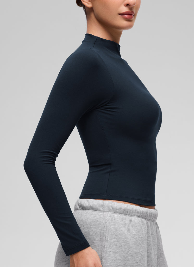 CRZ YOGA Women's Softembrace Mock Neck Waist Length Long Sleeves Hot Fudge Brown