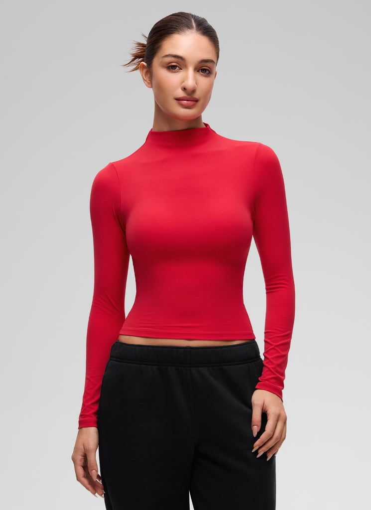 CRZ YOGA Women's Softembrace Mock Neck Waist Length Long Sleeves Aurora Red