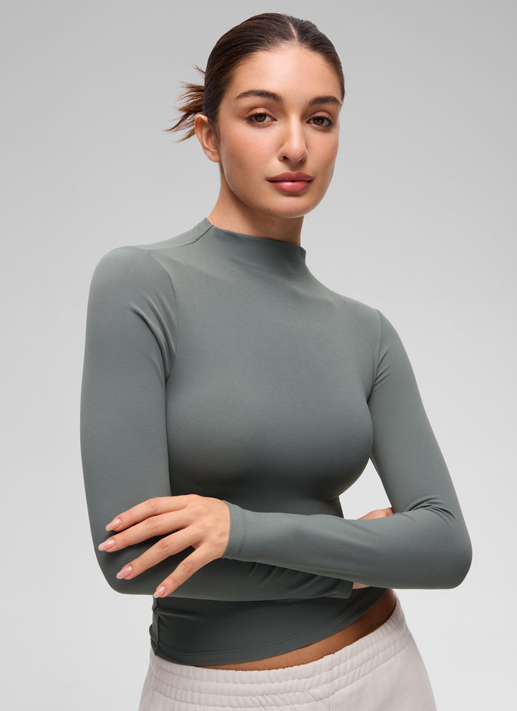 CRZ YOGA Women's Softembrace Mock Neck Waist Length Long Sleeves Grey Sage