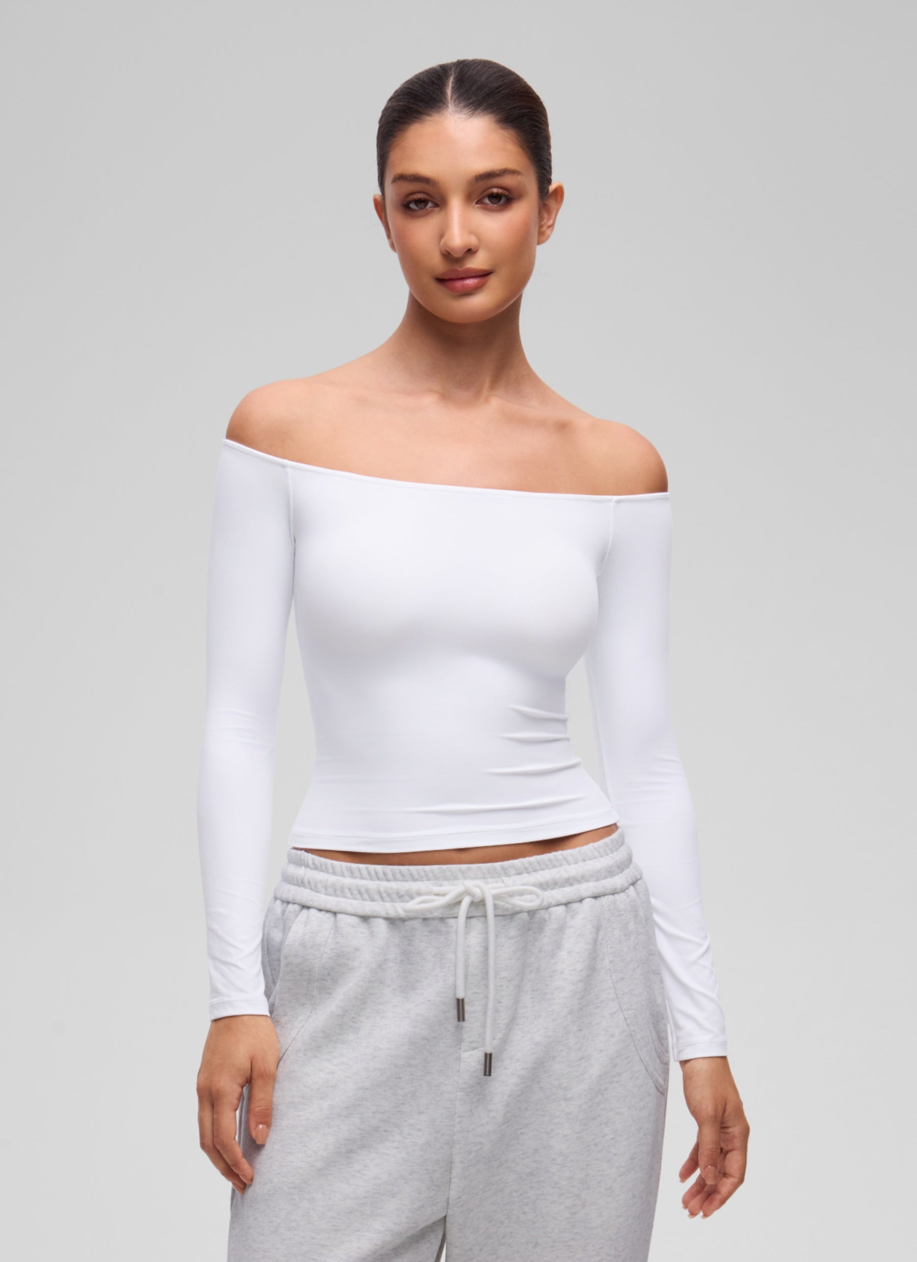 CRZ YOGA Women's Casual Softembrace Off Shoulder Tight Fit Long Sleeve White @model_info:I