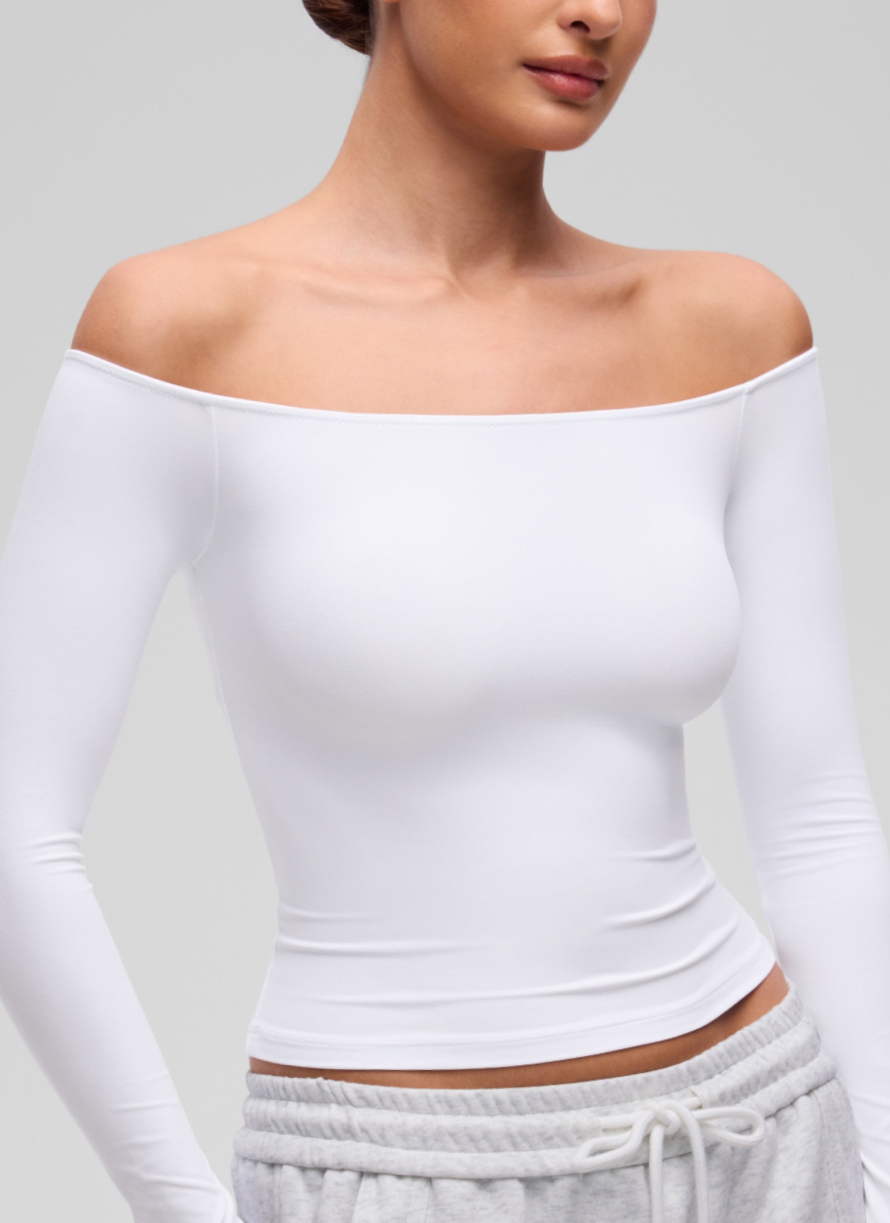 CRZ YOGA Women's Casual Softembrace Off Shoulder Tight Fit Long Sleeve White @model_info:I