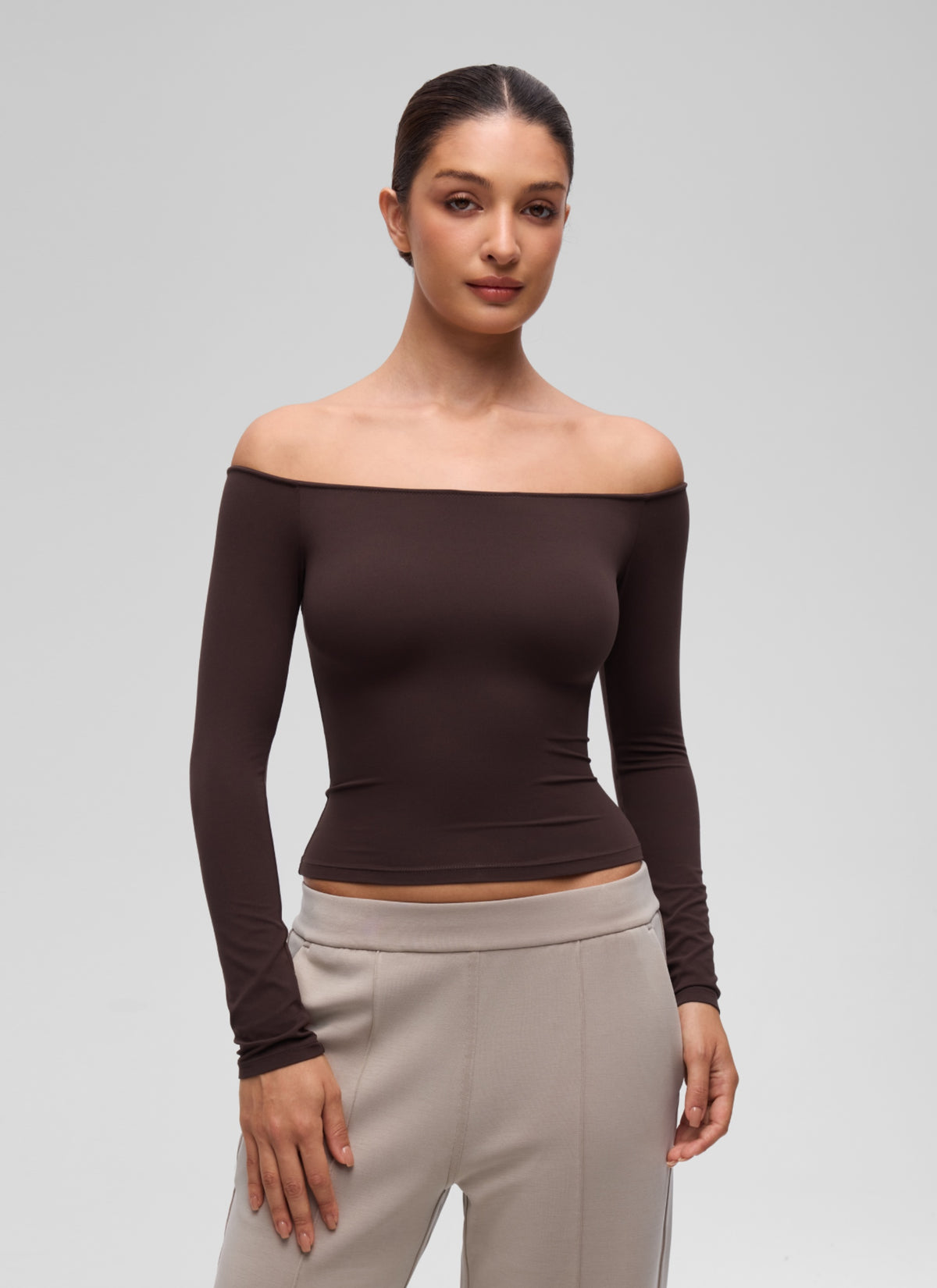 CRZ YOGA Women's Casual Softembrace Off Shoulder Tight Fit Long Sleeve Hot Fudge Brown @model_info:I