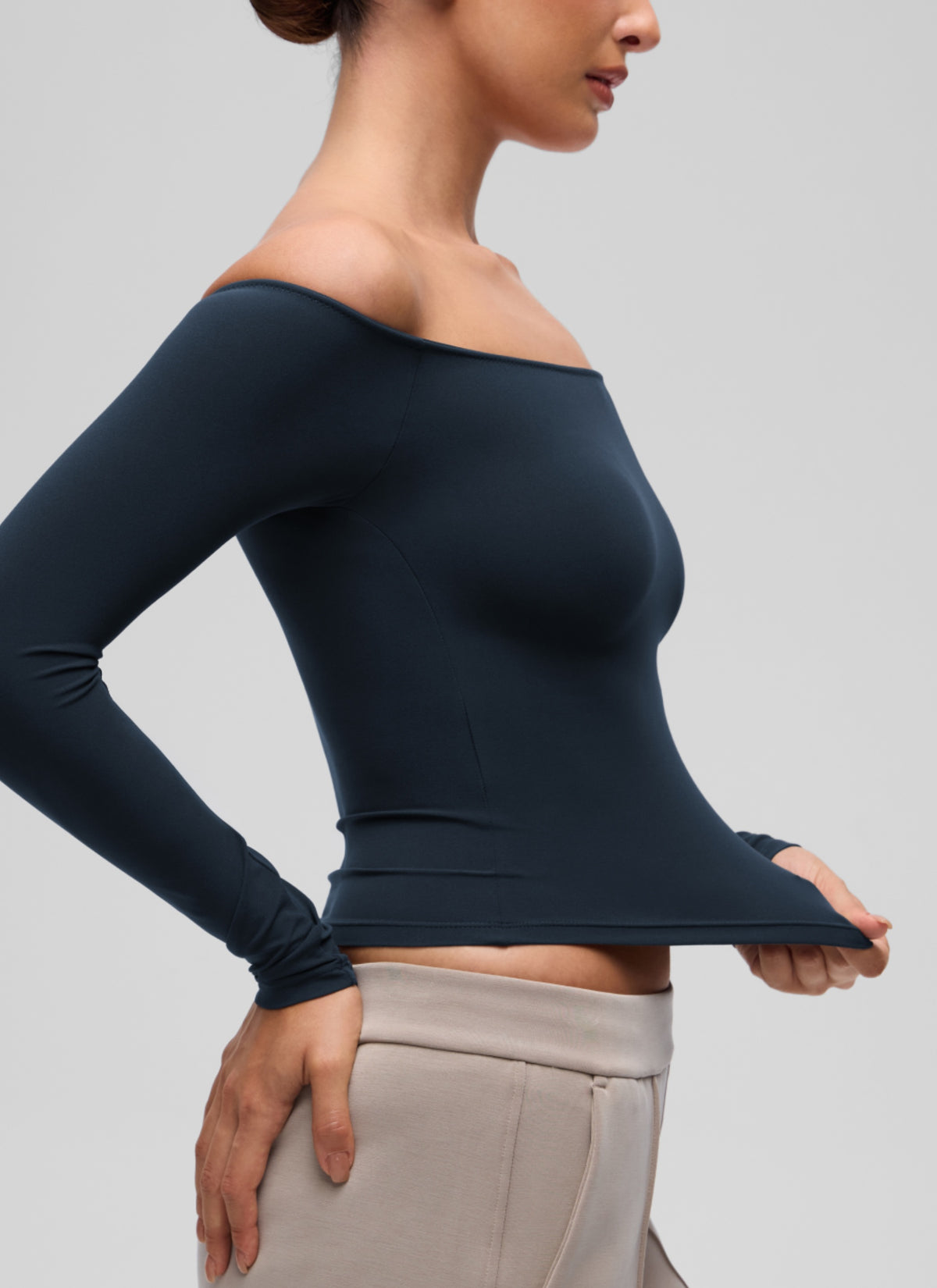 CRZ YOGA Women's Casual Softembrace Off Shoulder Tight Fit Long Sleeve True Navy @model_info:I