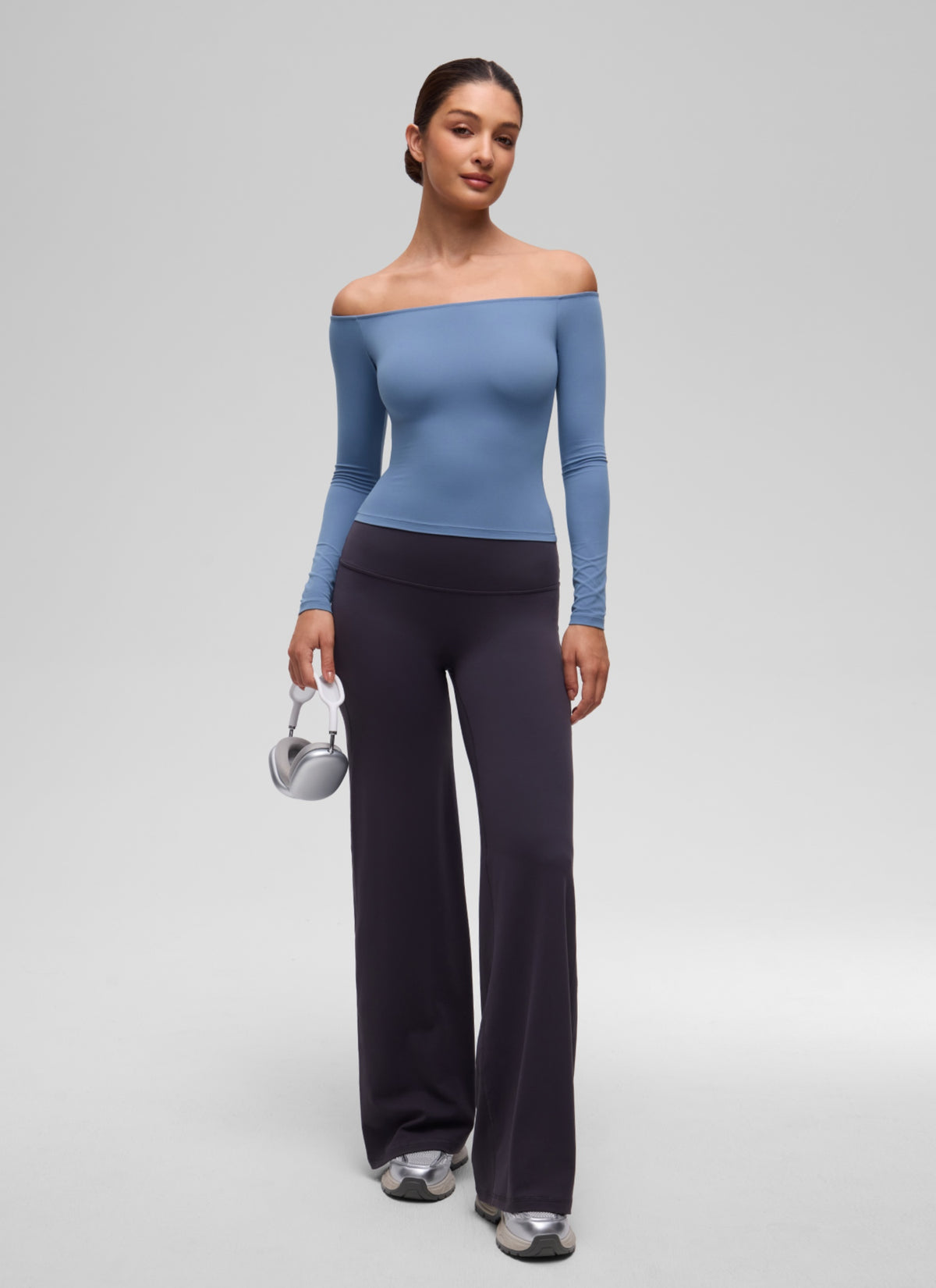 CRZ YOGA Women's Casual Softembrace Off Shoulder Tight Fit Long Sleeve Oasis Blue @model_info:I