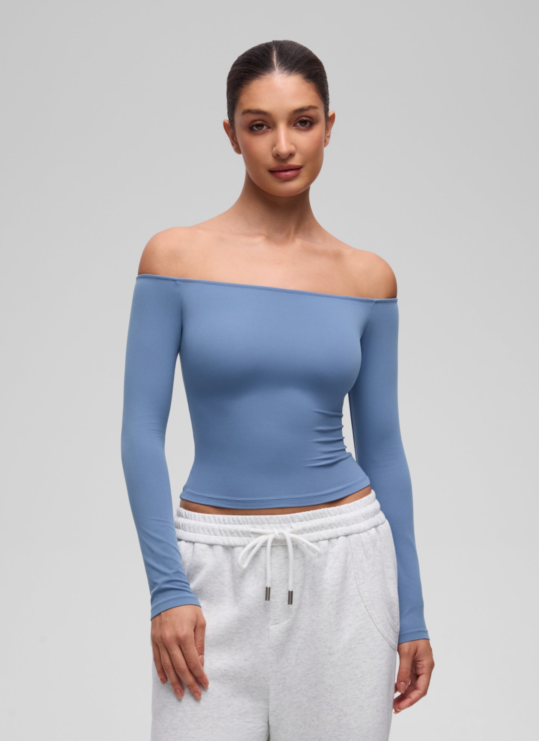 CRZ YOGA Women's Casual Softembrace Off Shoulder Tight Fit Long Sleeve Oasis Blue @model_info:I