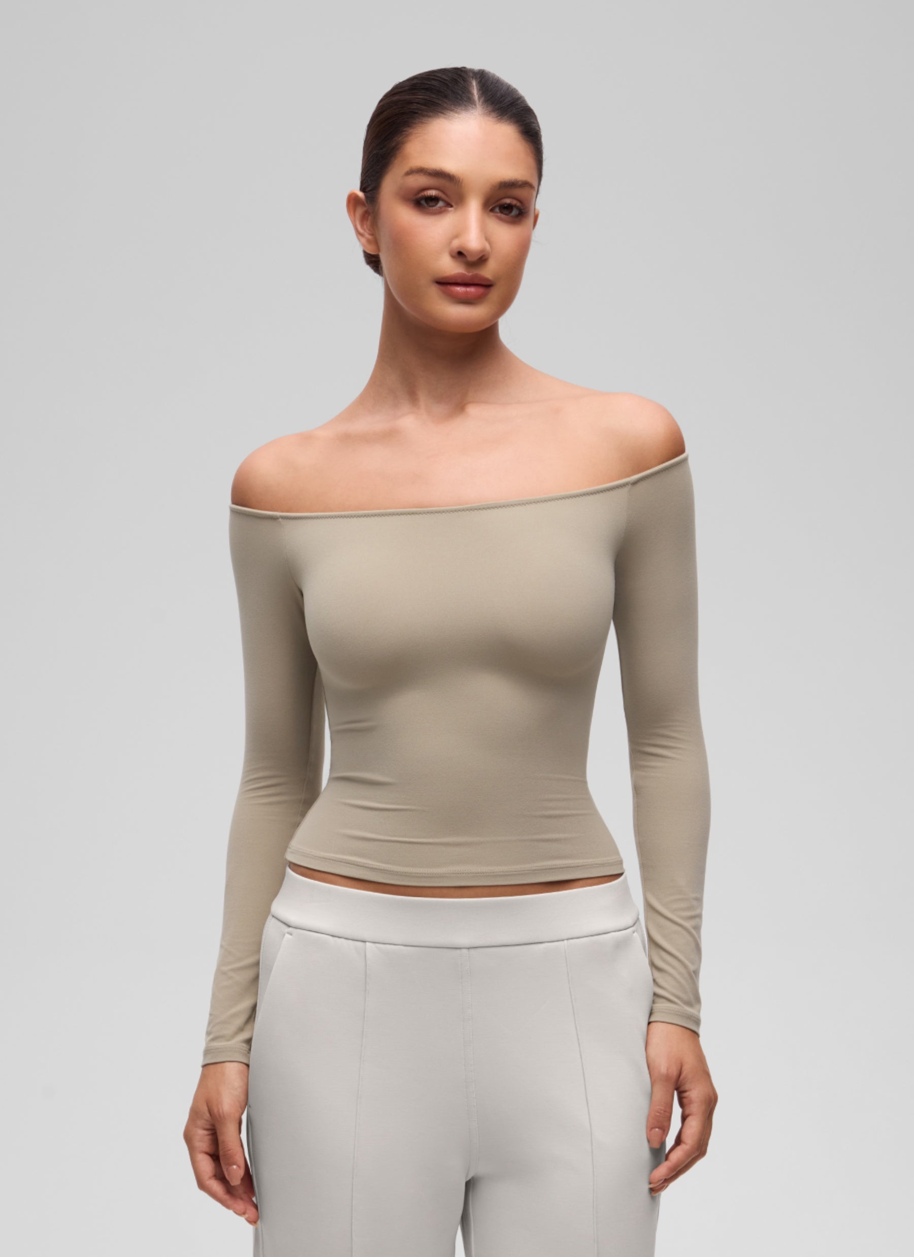 CRZ YOGA Women's Casual Softembrace Off Shoulder Tight Fit Long Sleeve Oak @model_info:I
