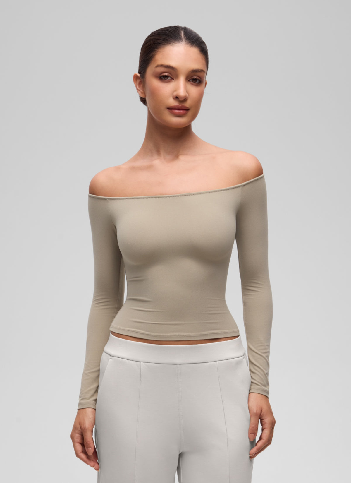CRZ YOGA Women's Casual Softembrace Off Shoulder Tight Fit Long Sleeve Oak @model_info:I